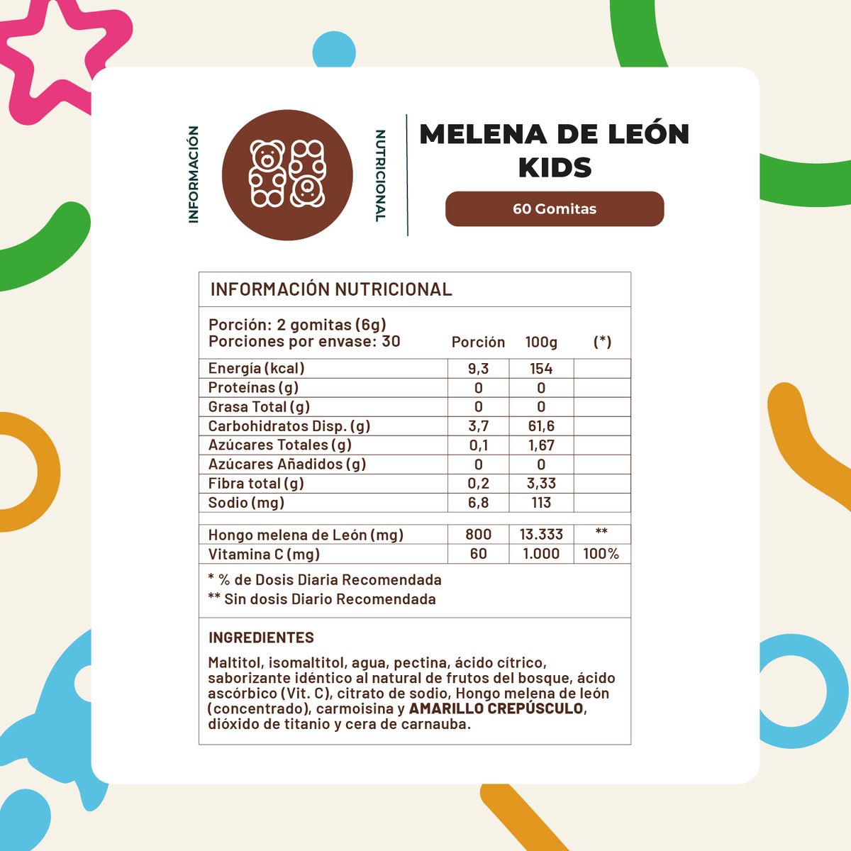 KARUNLIFE - Hongo Melena de León KIDS  60 Gomitas Karun Life