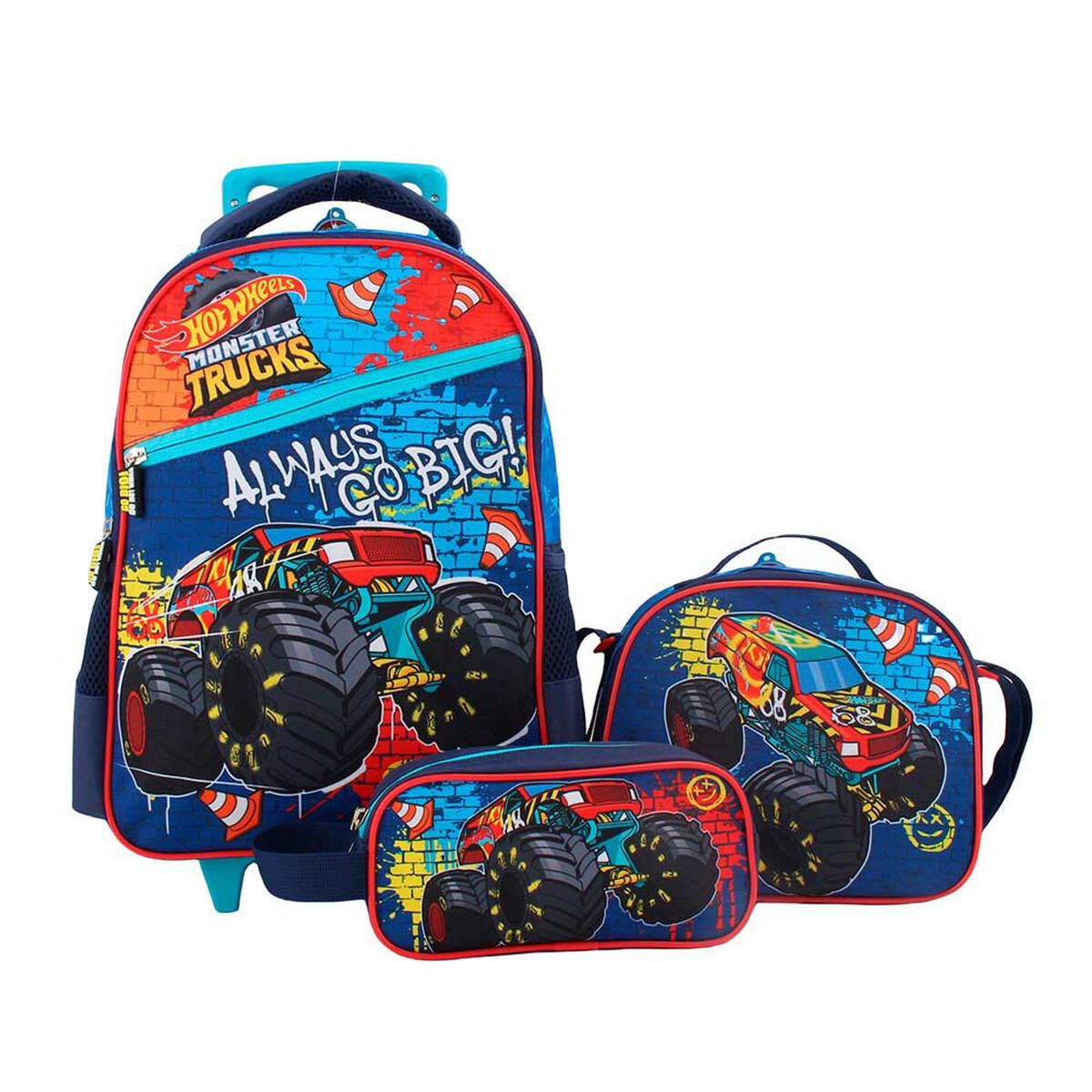 HOT WHEELS - Set Mochila Escolar con ruedas Hot Wheels + Lonchera + Estuche