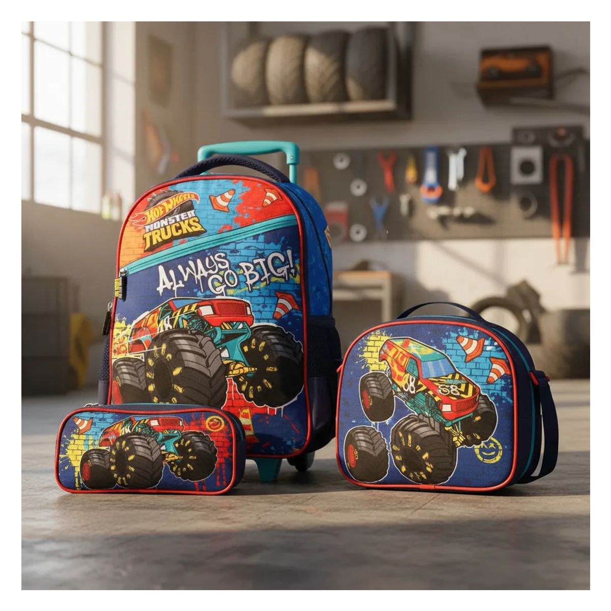 HOT WHEELS - Set Mochila Escolar con ruedas Hot Wheels + Lonchera + Estuche