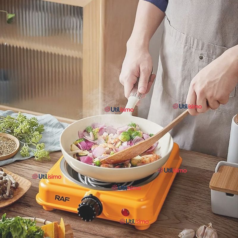 RAF - Cocina Eléctrica Portátil 1 Plato 1000W de Potencia Cocinilla Naranja