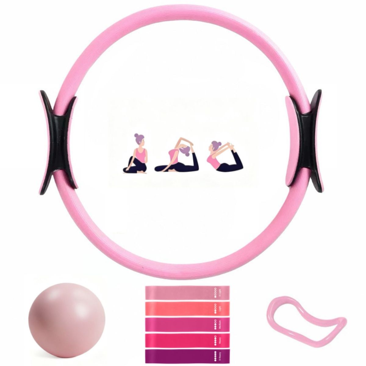 MUNDO MAGIA - Set De Yoga Y Pilates Aro Bandas Balon 8 Pzs Fitness Rosado