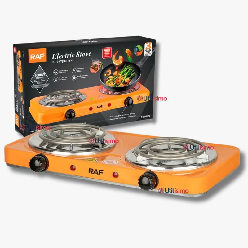 RAF - Cocina Eléctrica 2 Platos 2000W Cocinilla Portátil Naranja