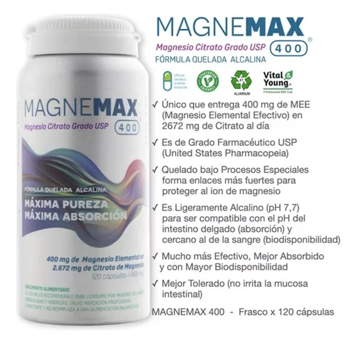 VITAL AND YOUNG - Magnemax + : 240 Caps Vy 2x120 Citrato Magnesio Usp.  Alcalino