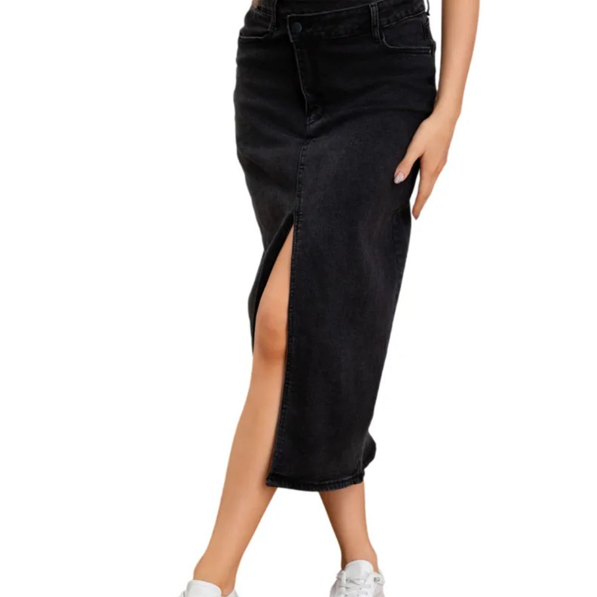 LOOK SHOP - Falda Larga Jeans Elasticada, Tiro Alto, Abertura Al Centro. 6005