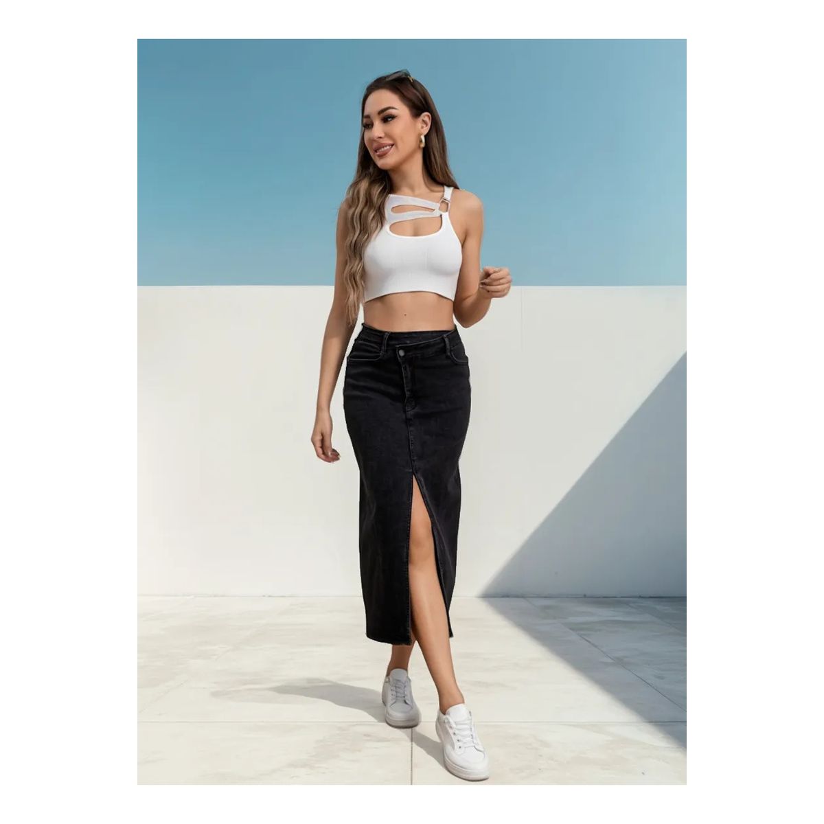 LOOK SHOP - Falda Larga Jeans Elasticada, Tiro Alto, Abertura Al Centro. 6005