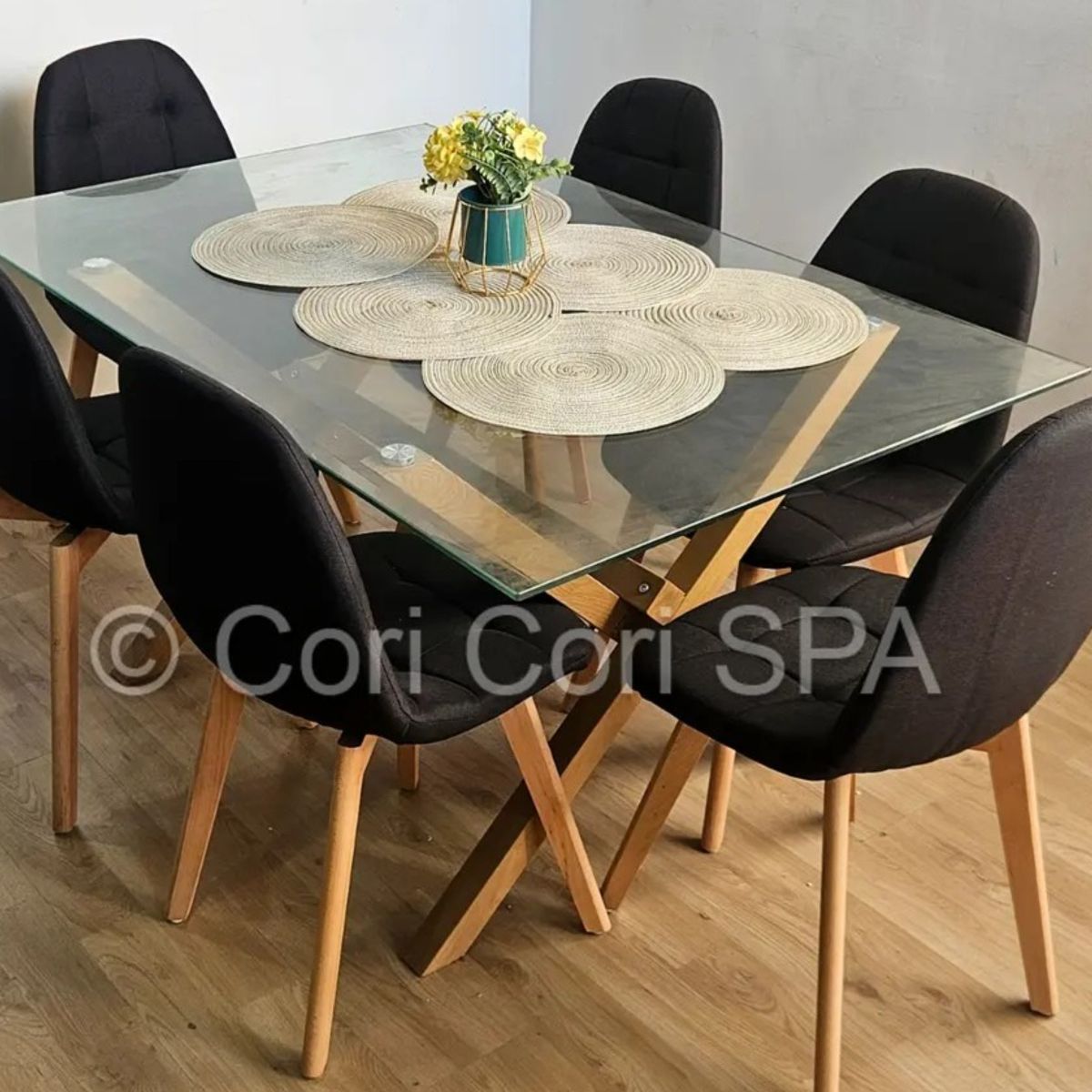 CORI CORI - Comedor Medlock 140x90cm + 6 Sillas Capitonne Lino