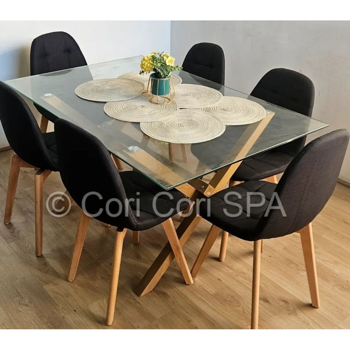 CORI CORI - Comedor Medlock 140x90cm + 6 Sillas Capitonne Lino