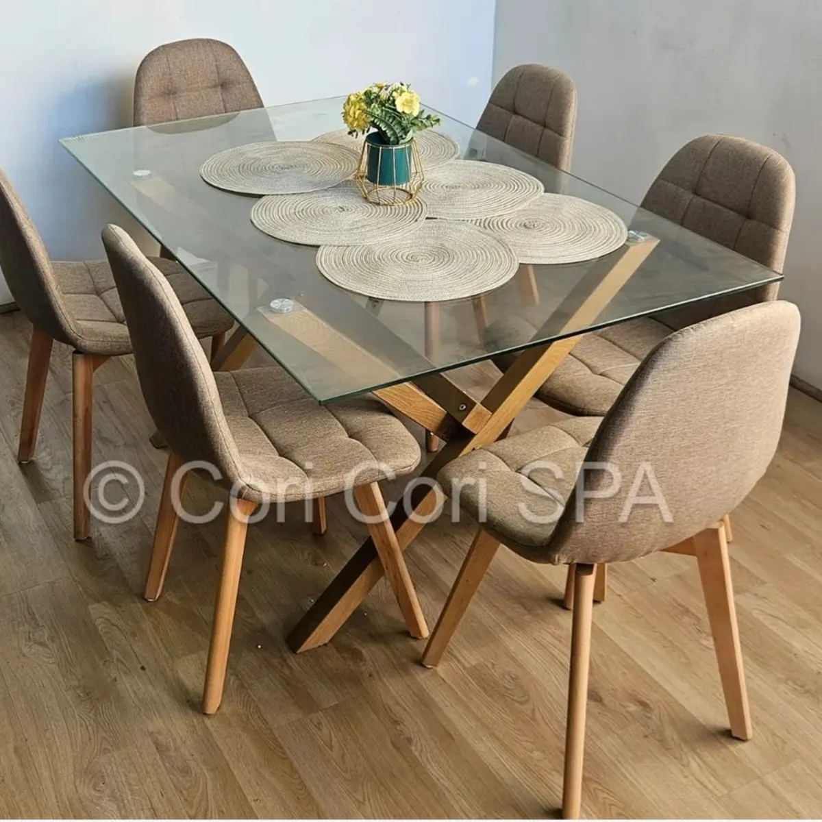 CORI CORI - Comedor Medlock 140x90cm + 6 Sillas Capitonne Lino