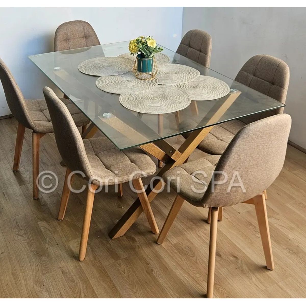 CORI CORI - Comedor Medlock 140x90cm + 6 Sillas Capitonne Lino