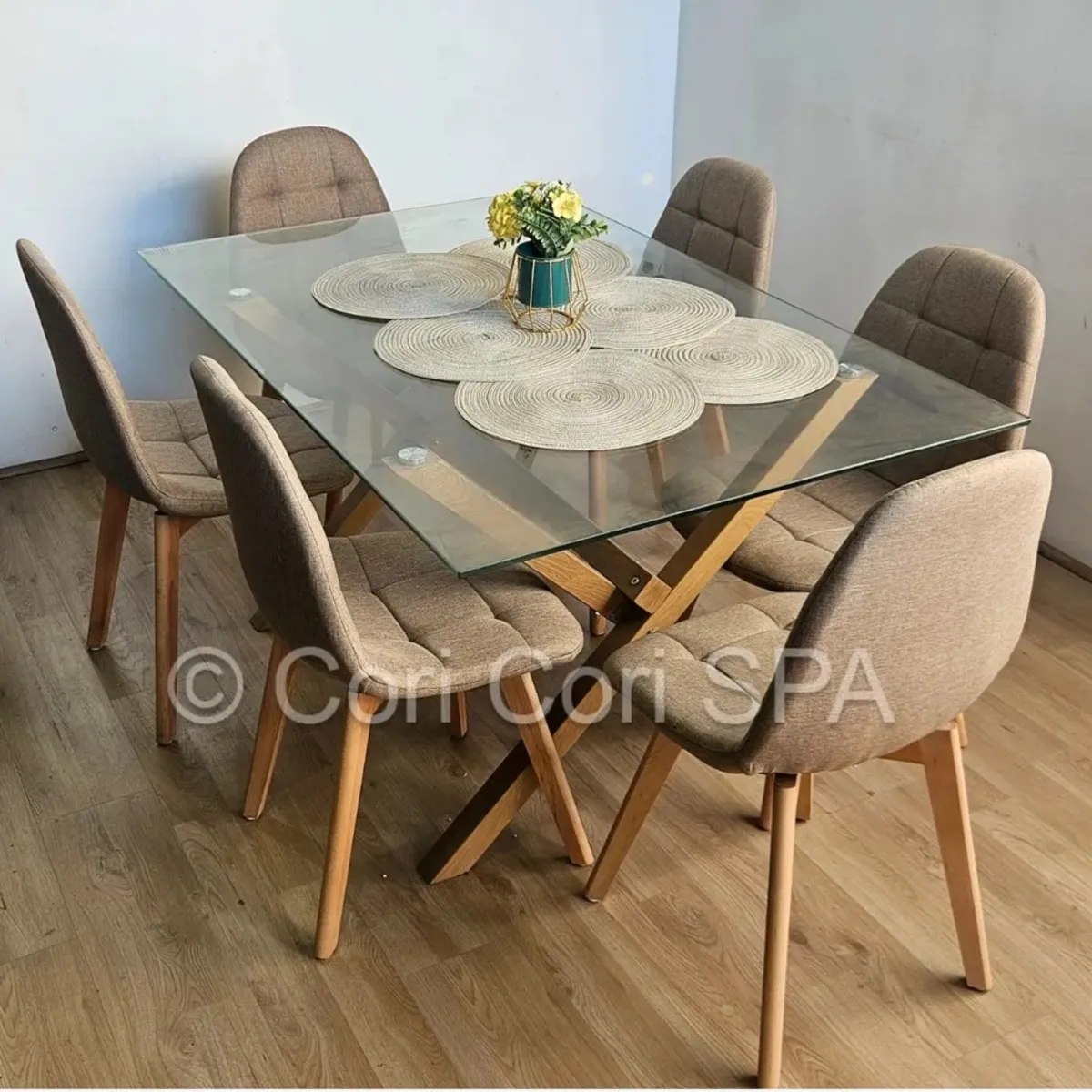 CORI CORI - Comedor Medlock 140x90cm + 6 Sillas Capitonne Lino