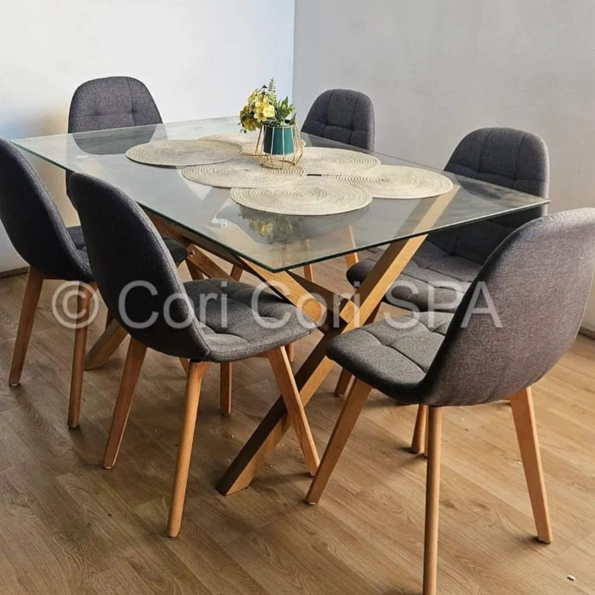CORI CORI - Comedor Medlock 140x90cm + 6 Sillas Capitonne Lino
