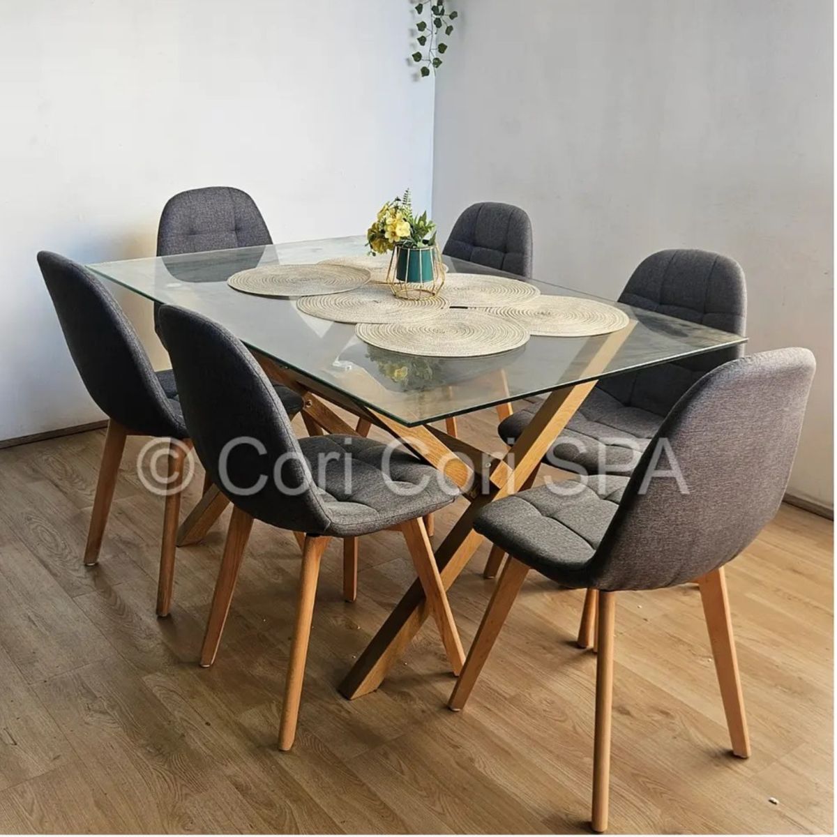 CORI CORI - Comedor Medlock 140x90cm + 6 Sillas Capitonne Lino