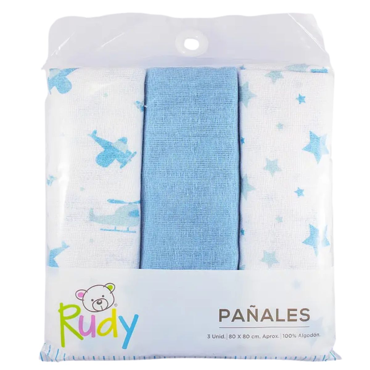 BABY - Pañales de Tela Rudy Pack 3 unidades 100% Algodón Celeste