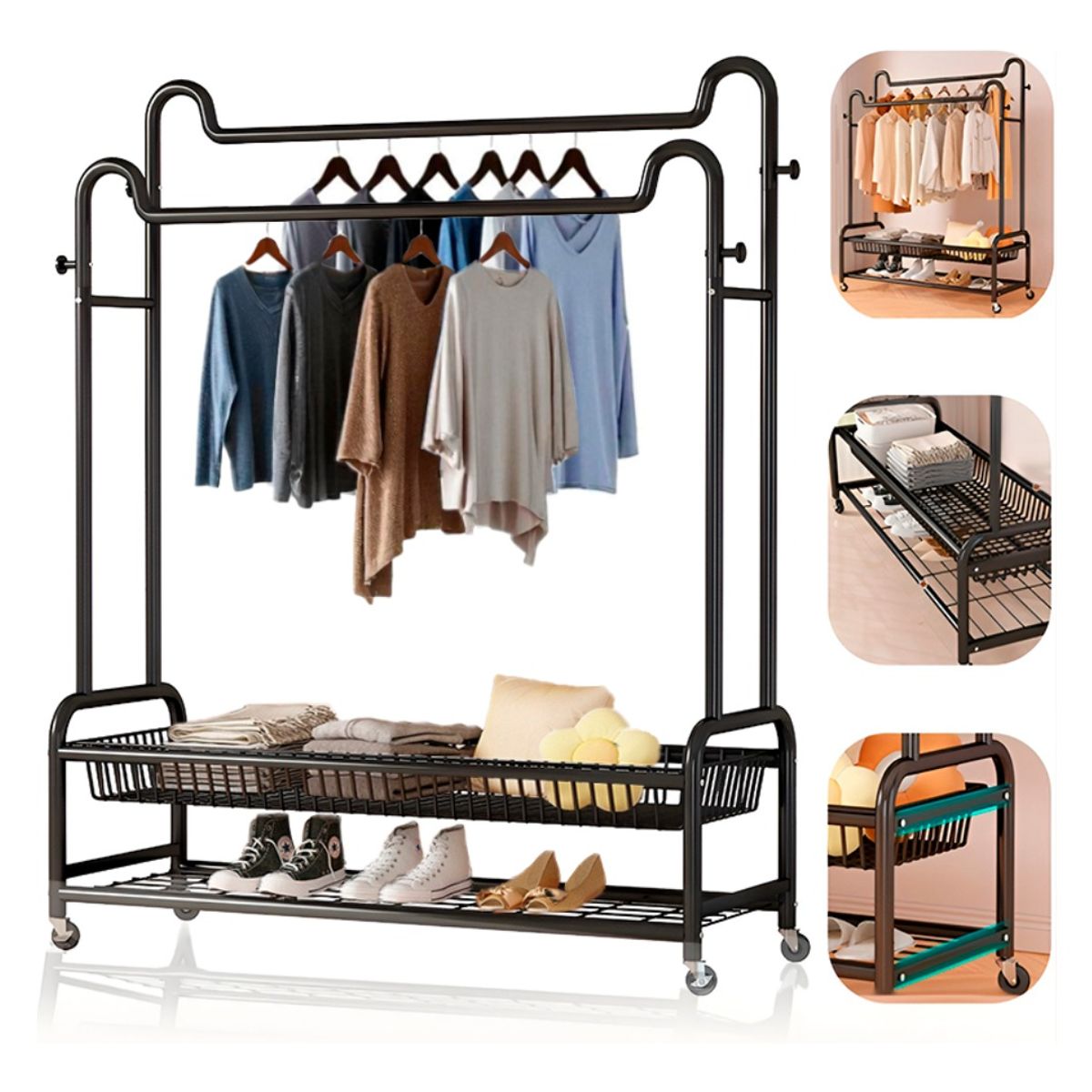 HOMEBRANDT - Perchero Organizador Colgante De Ropa Doble Con Ruedas 120cm Negro