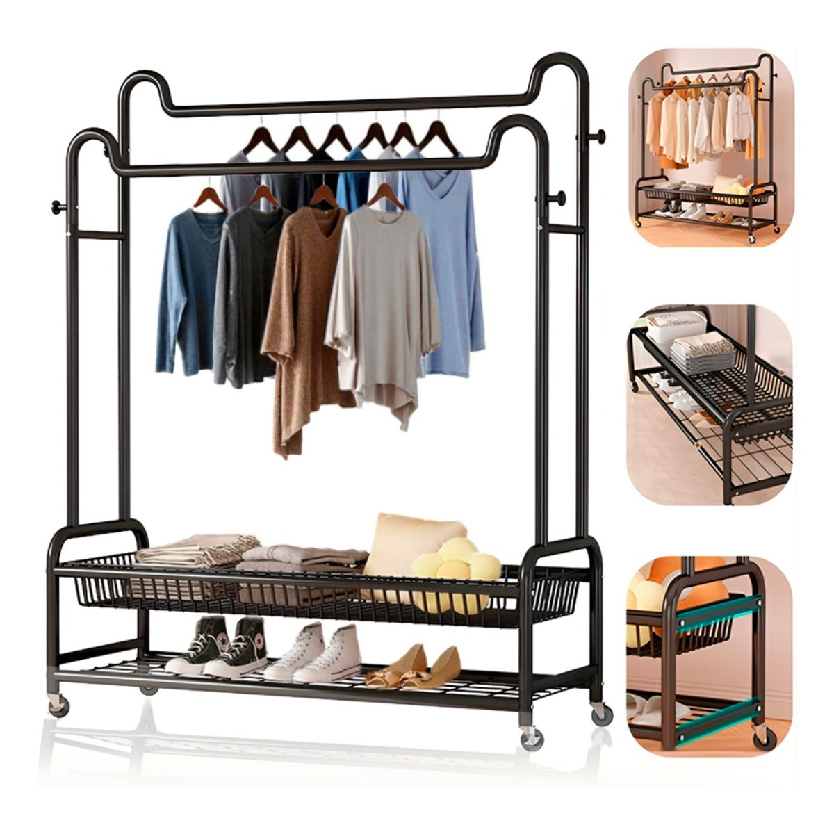 HOMEBRANDT - Perchero Organizador Colgante De Ropa Doble Con Ruedas 120cm Negro