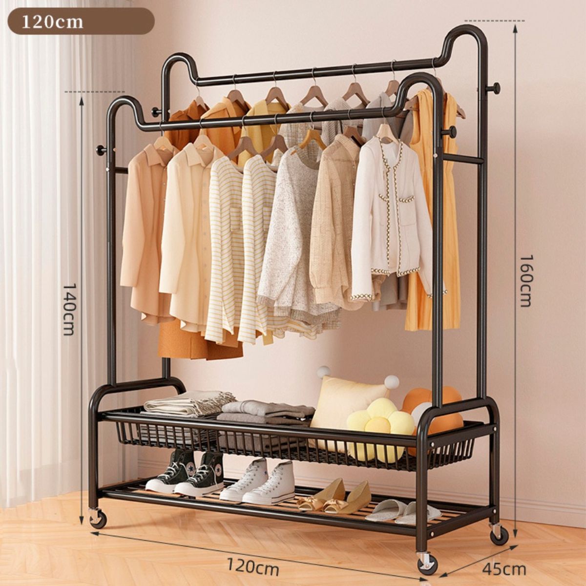 HOMEBRANDT - Perchero Organizador Colgante De Ropa Doble Con Ruedas 120cm Negro