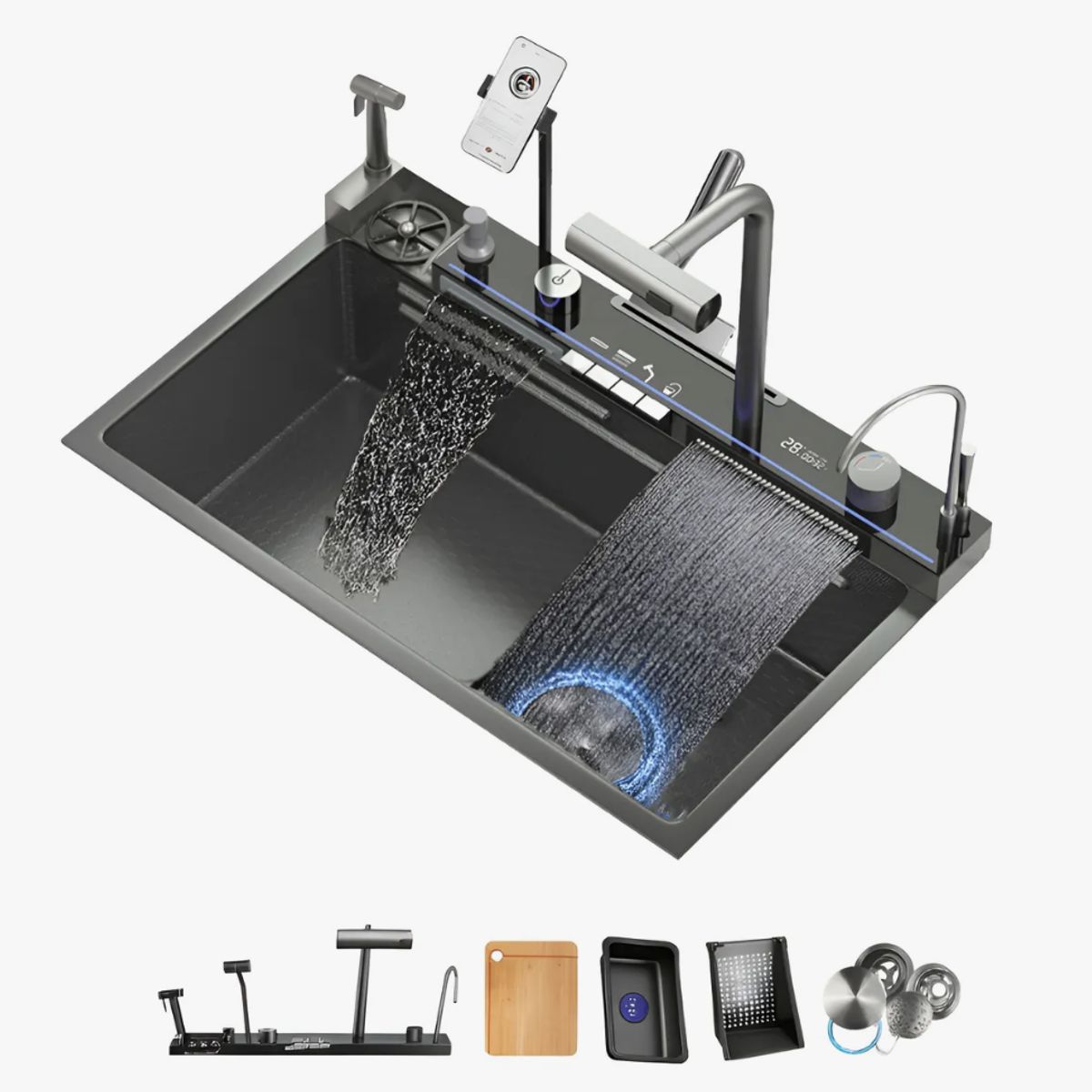 HOMER DESIGN - Combo Lavaplato Inteligente Empotrado 80x45 Acero Inoxidable portacuchillo