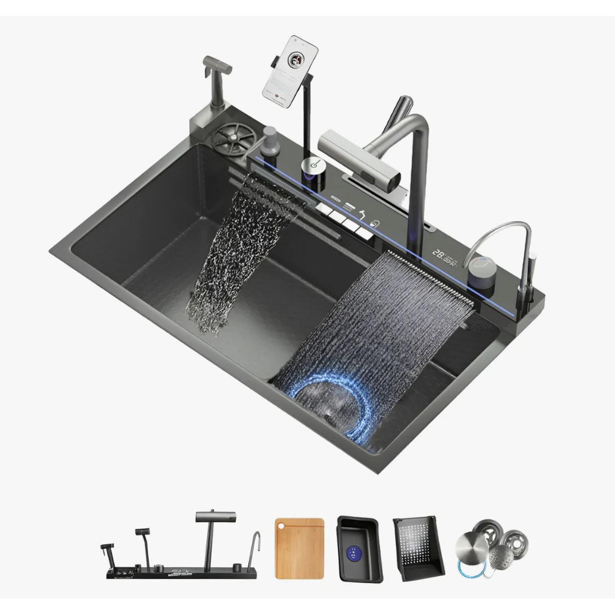 HOMER DESIGN - Combo Lavaplato Inteligente Empotrado 80x45 Acero Inoxidable portacuchillo