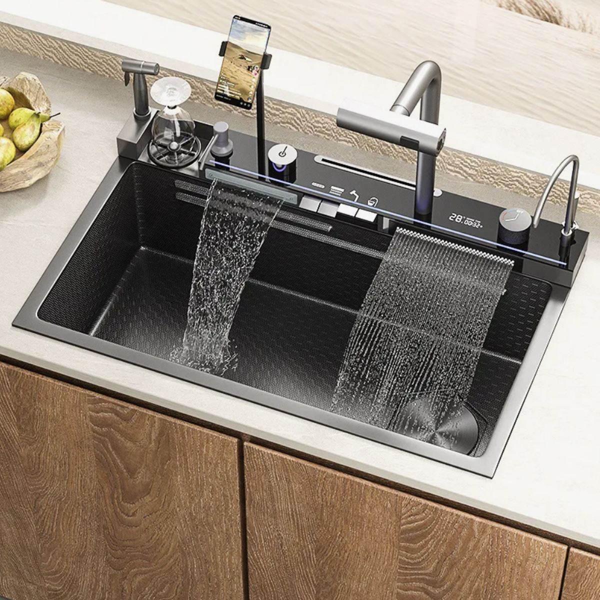 HOMER DESIGN - Combo Lavaplato Inteligente Empotrado 80x45 Acero Inoxidable portacuchillo