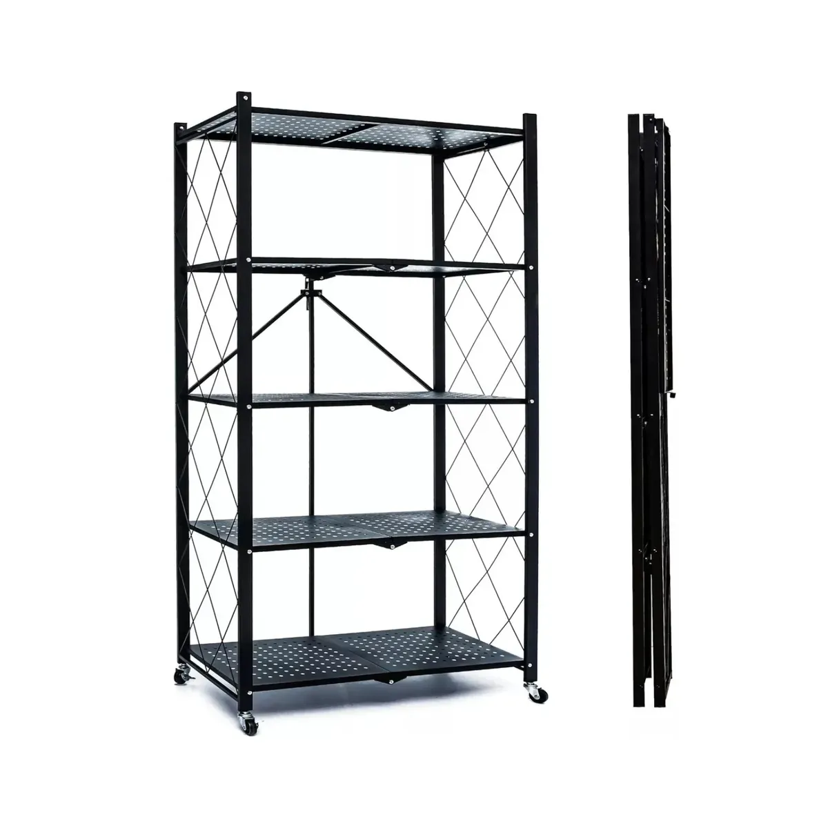 GENERICO - Repisa Estante 5 Niveles Metálica Plegable Resistente Ruedas Negro