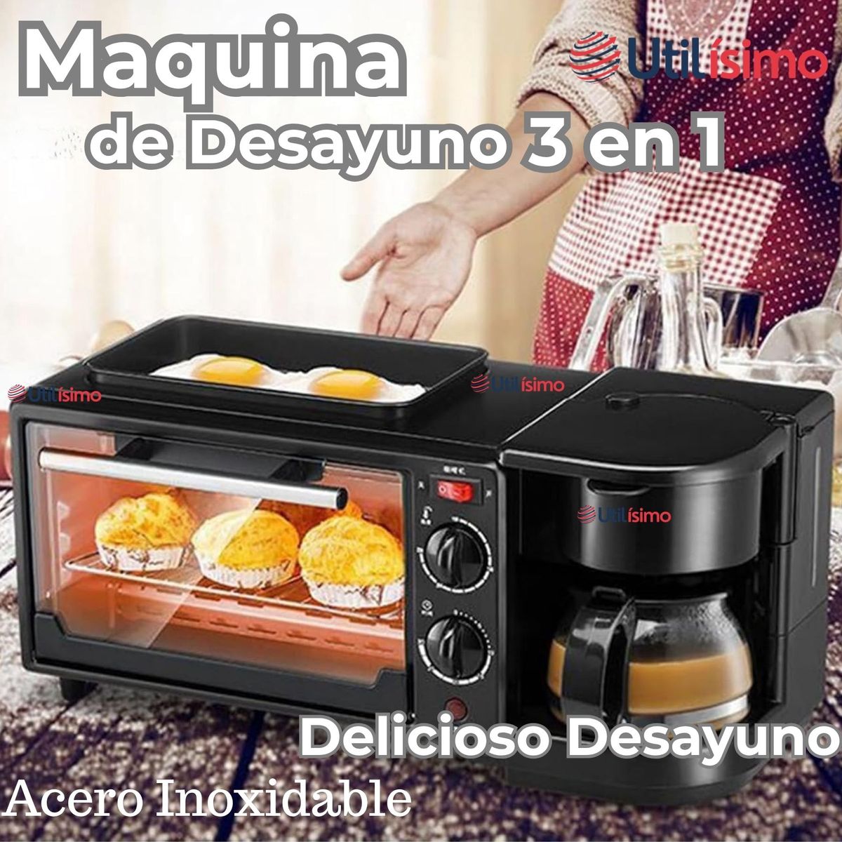 LINE - Máquina de Desayuno Multifuncional 3 En 1 Horno Cafetera Sartén