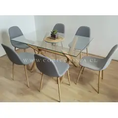 CORI CORI - Juego de Comedor Medlock Vidrio 140x90cm + 6 Sillas Scoop Lino