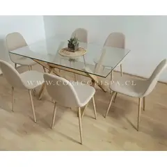 CORI CORI - Juego de Comedor Medlock Vidrio 140x90cm + 6 Sillas Scoop Lino