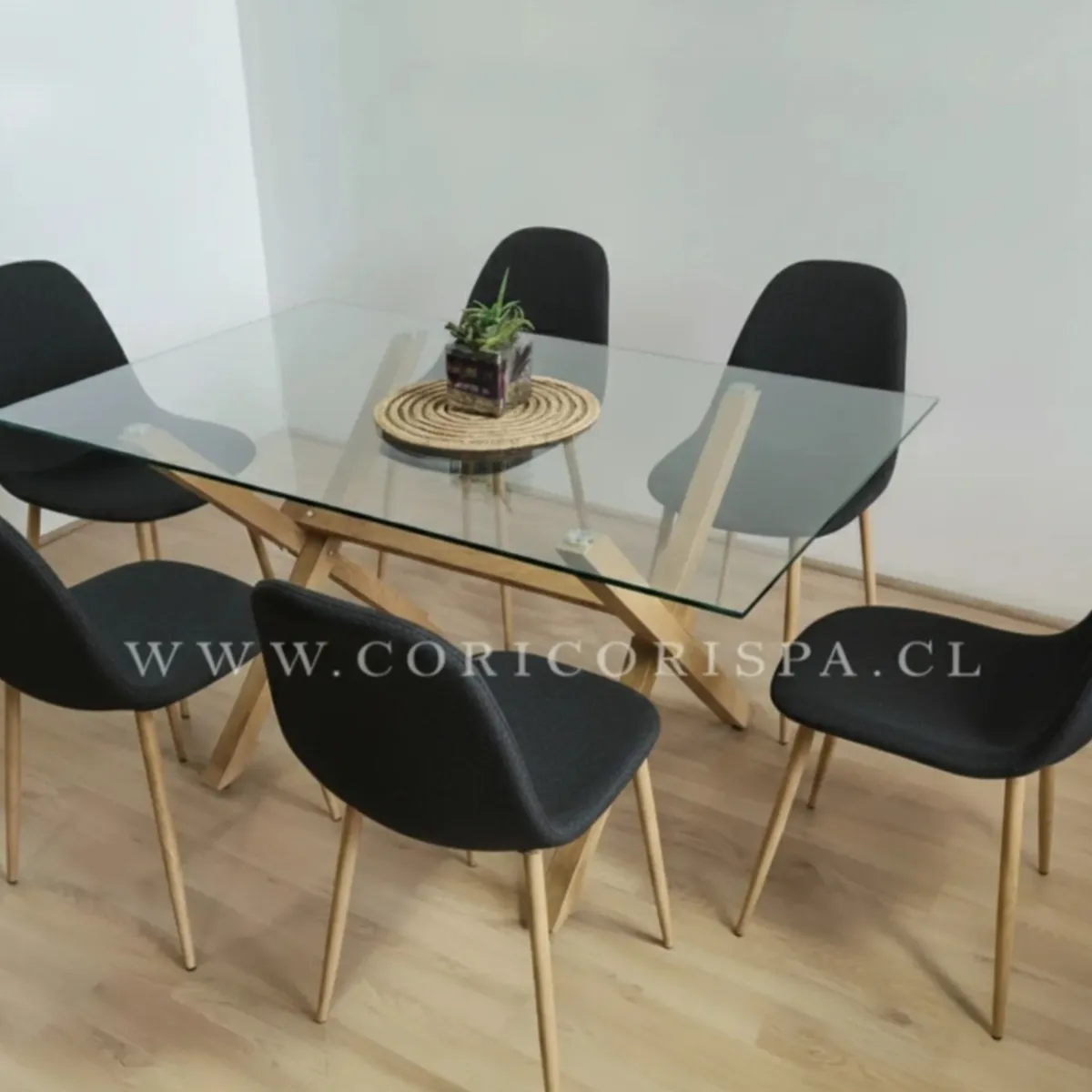 CORI CORI - Juego de Comedor Medlock Vidrio 140x90cm + 6 Sillas Scoop Lino