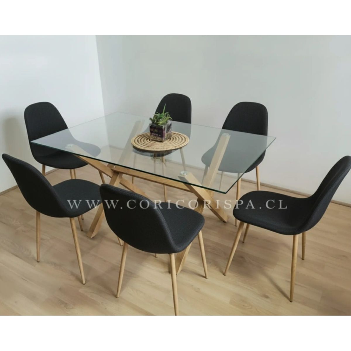 CORI CORI - Juego de Comedor Medlock Vidrio 140x90cm + 6 Sillas Scoop Lino