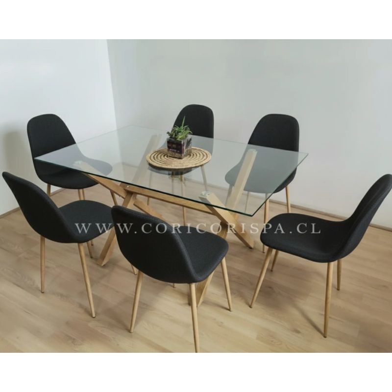CORI CORI - Juego de Comedor Medlock Vidrio 140x90cm + 6 Sillas Scoop Lino