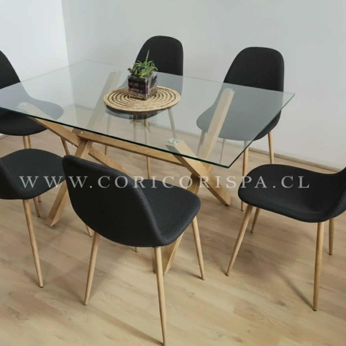 CORI CORI - Juego de Comedor Medlock Vidrio 140x90cm + 6 Sillas Scoop Lino