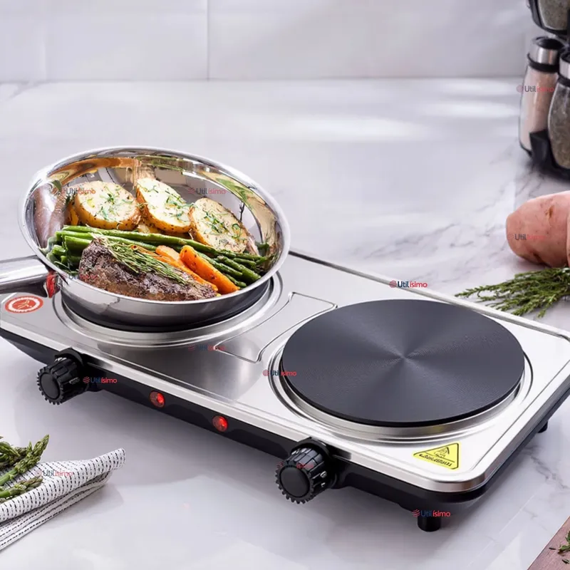 SOKANY - Cocina Encimera Eléctrica 2 Platos 2000W Cocinilla Premium Plateada
