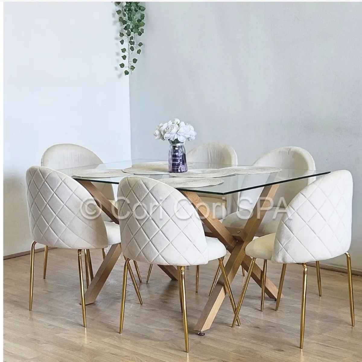 CORI CORI - Comedor Medlock 140x90cms + 6 Sillas Bread Gold Velvet