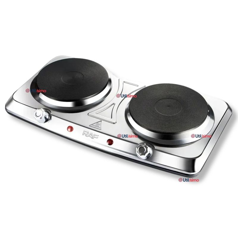 RAF - Cocina Eléctrica Portátil 2 Platos 2000W de Potencia Acero Inoxidable