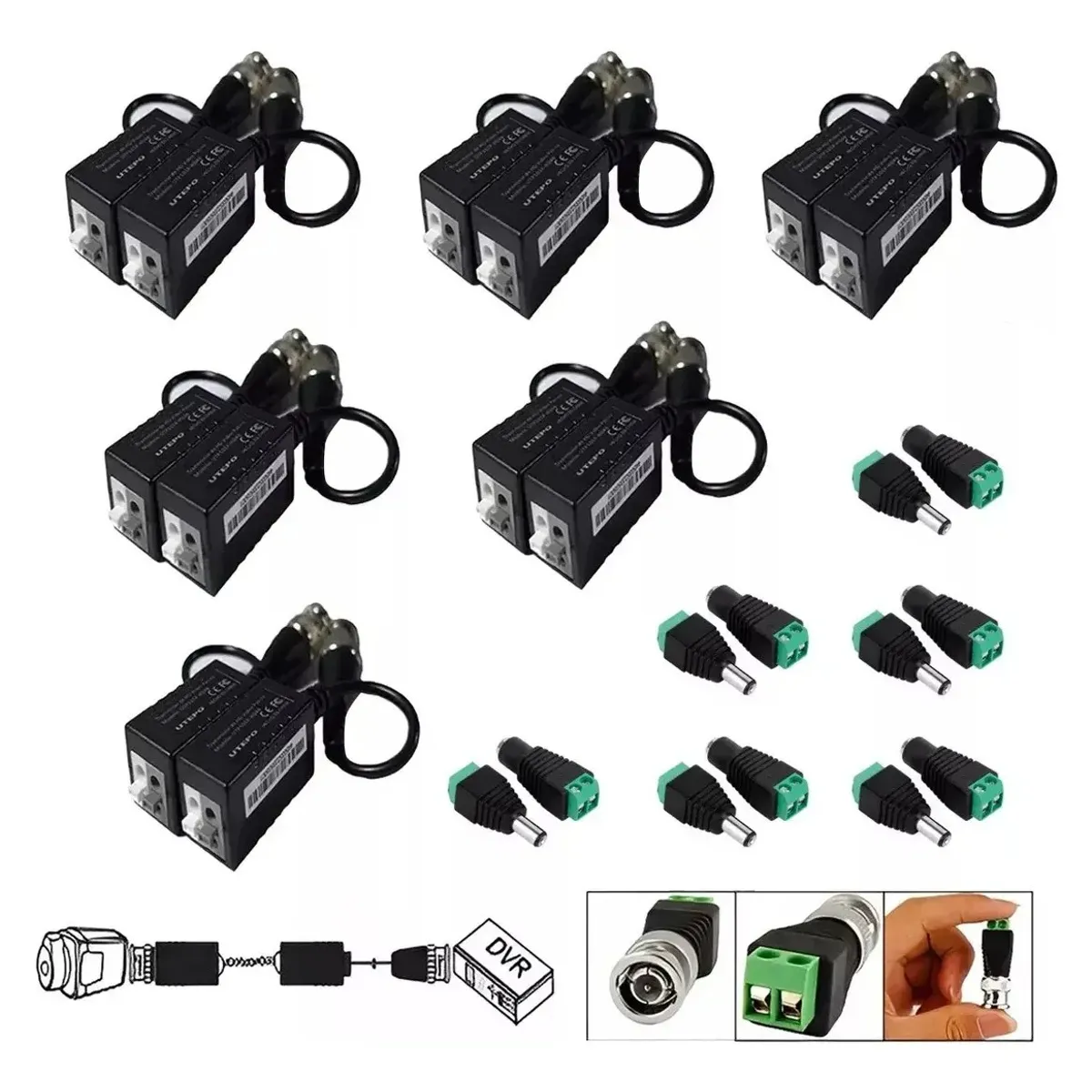 KUANGYE - 6 Par Video Balun Transceptores Hd Cctv Y 6 Par Conectores Negro