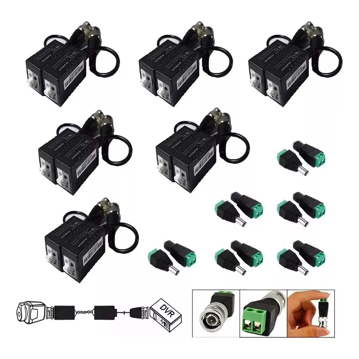 KUANGYE - 6 Par Video Balun Transceptores Hd Cctv Y 6 Par Conectores Negro