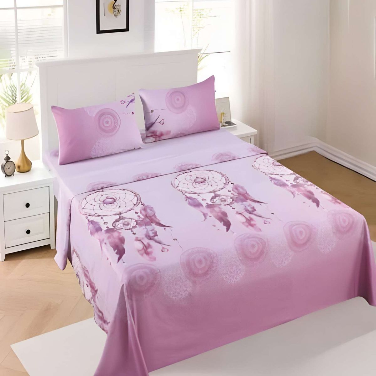 GENERICO - JUEGO DE SABANAS CON DISEÑO 1 PLAZA ROSA