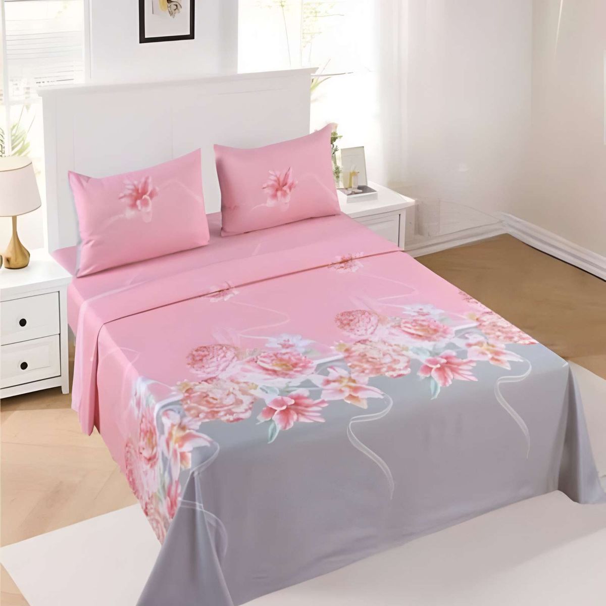 GENERICO - JUEGO DE SABANAS CON DISEÑO 1 PLAZA ROSADO