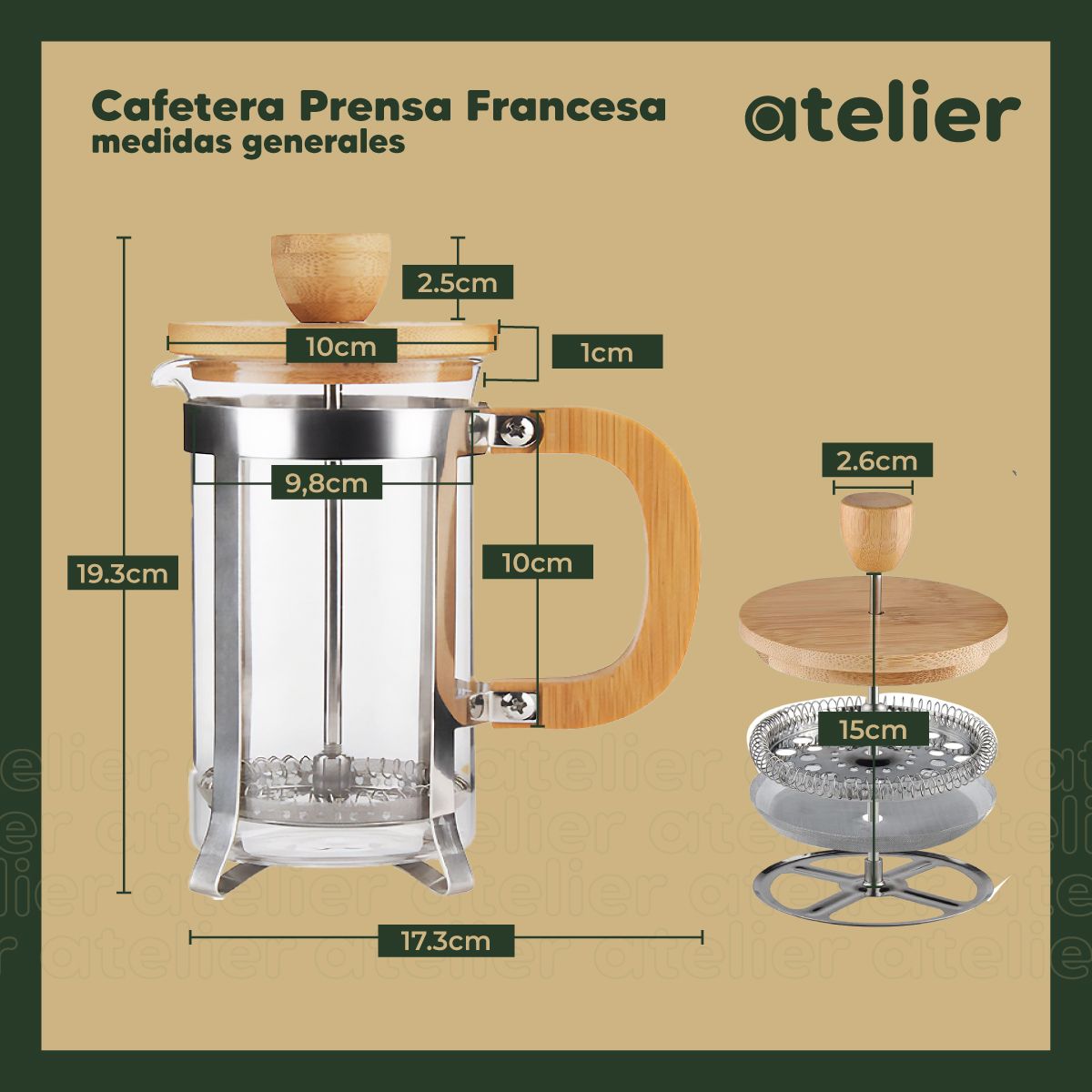 HOMELY - Cafetera Francesa 800Ml Atelier Prensa de Vidrio y Acero Inox Portatil