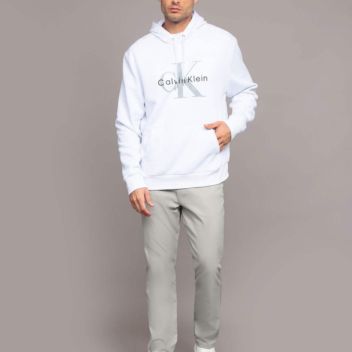 CALVIN KLEIN - Polerón con Gorro Monograma Blanco Calvin Klein