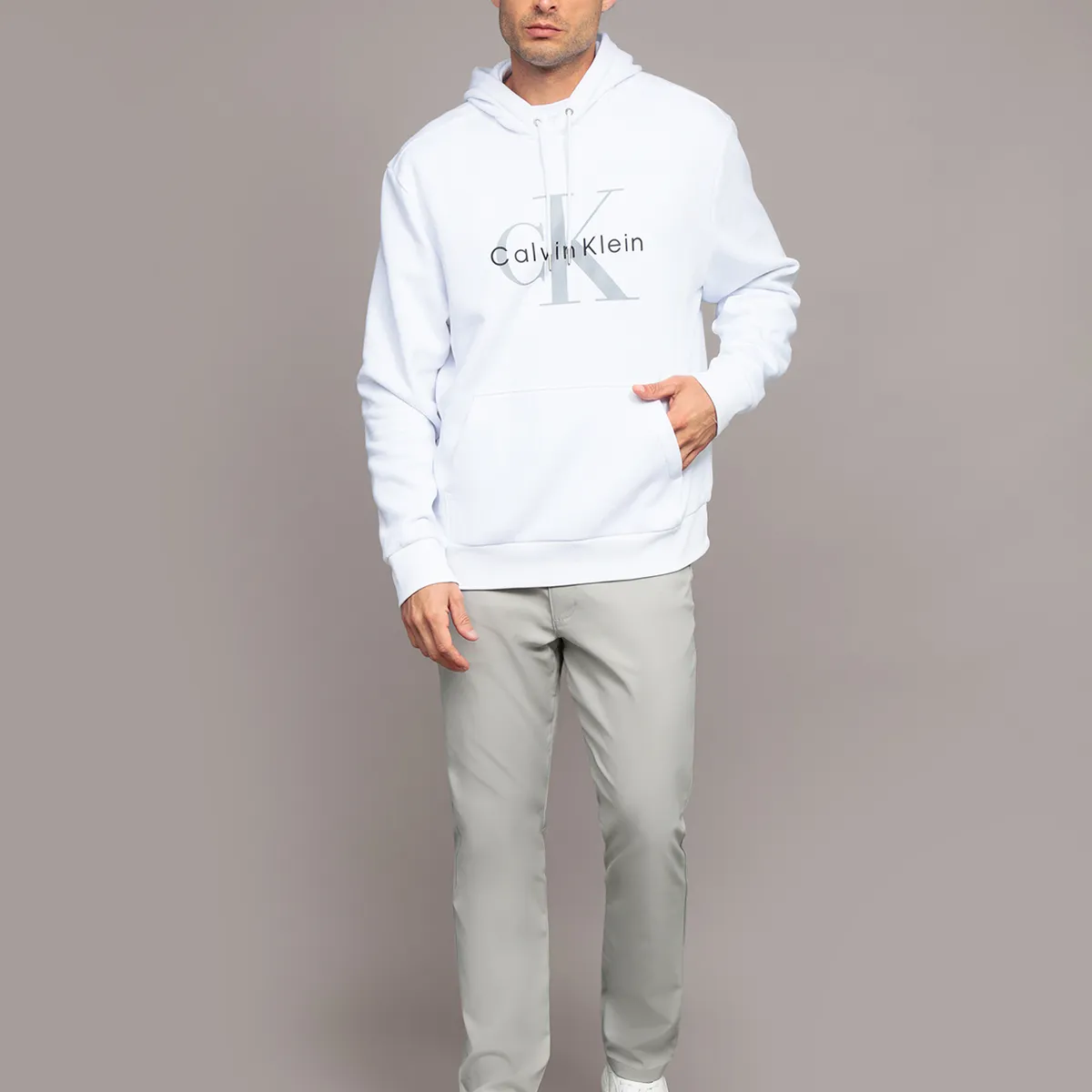 CALVIN KLEIN - Polerón con Gorro Monograma Blanco Calvin Klein