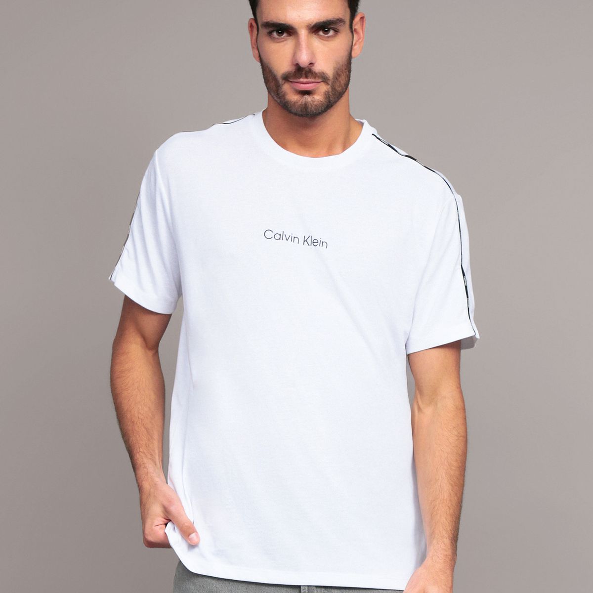 CALVIN KLEIN - Polera Logo Piping Blanco Calvin Klein