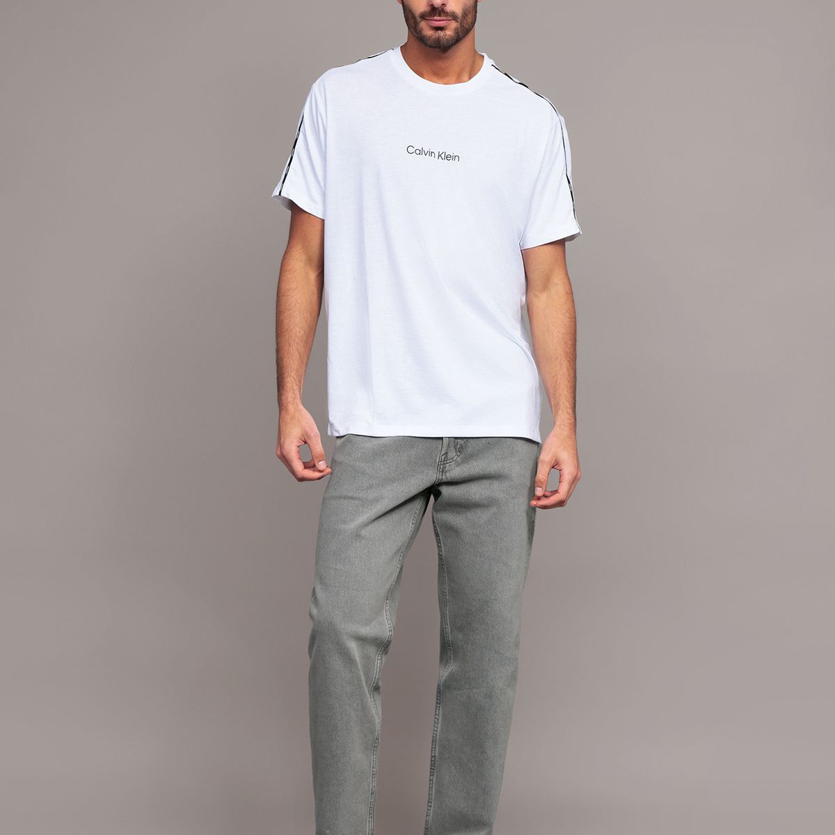 CALVIN KLEIN - Polera Logo Piping Blanco Calvin Klein