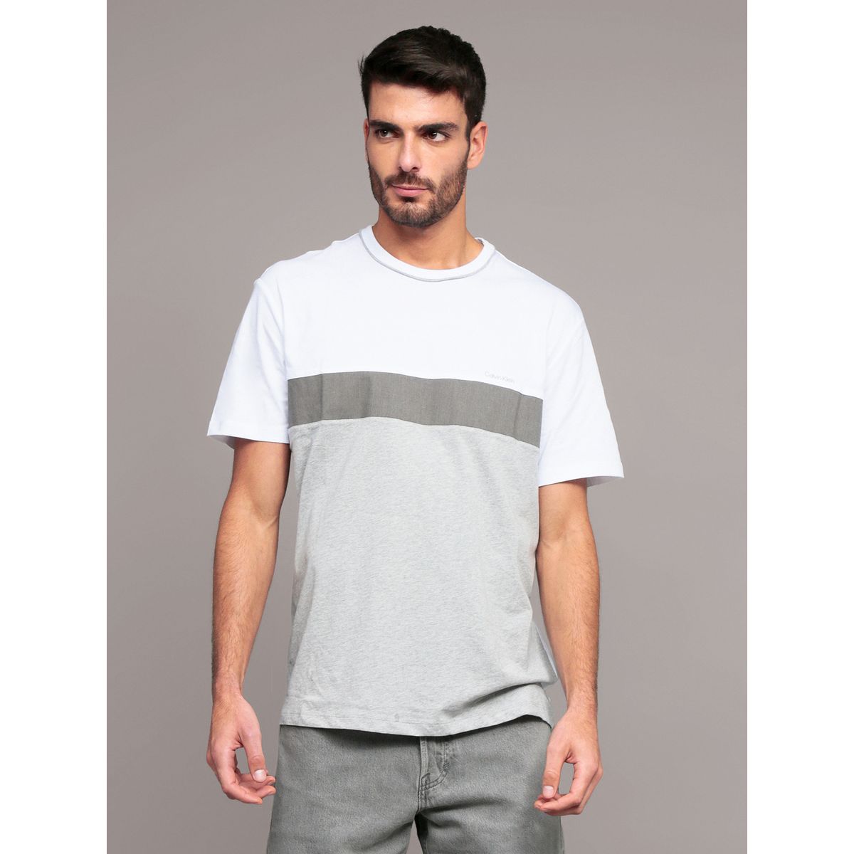 CALVIN KLEIN - Polera Mixed Media Gris Calvin Klein