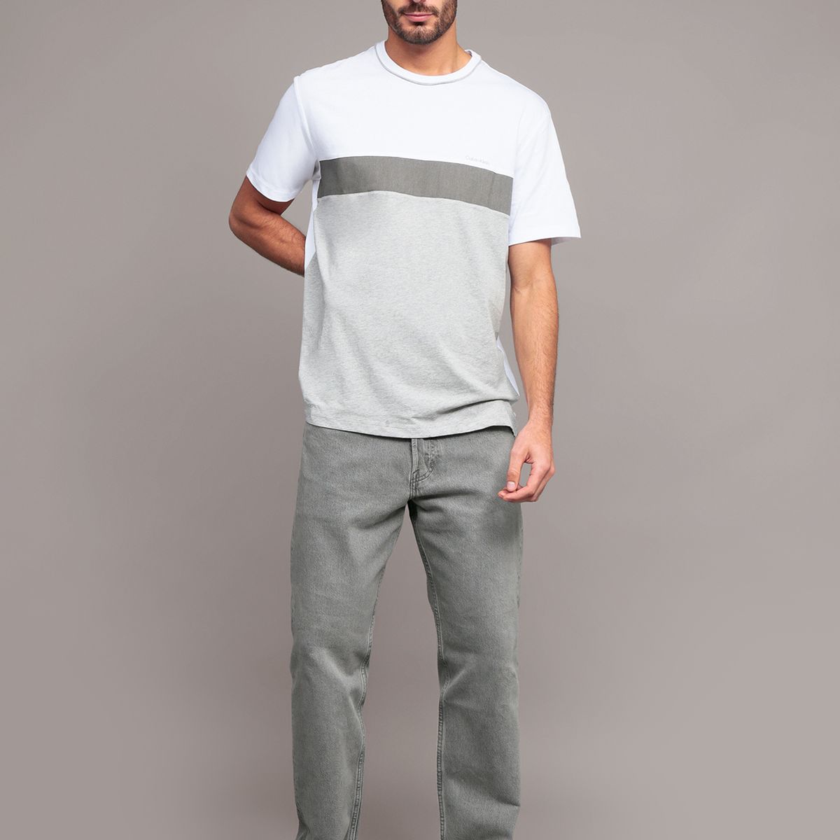 CALVIN KLEIN - Polera Mixed Media Gris Calvin Klein