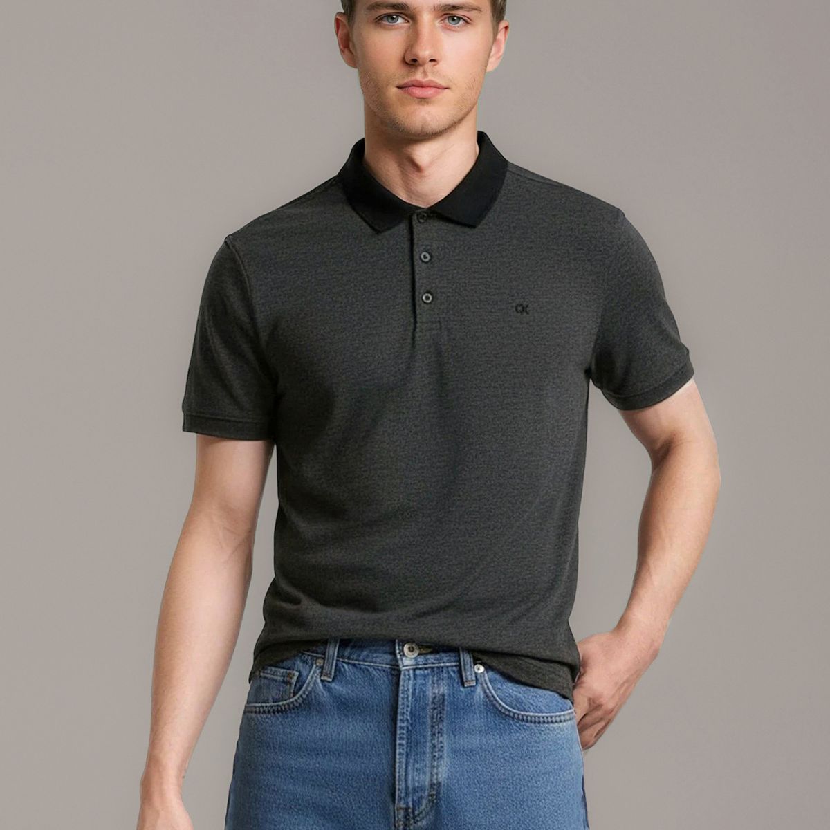 CALVIN KLEIN - Polo Jacquard con Micro Logo Gris Calvin Klein