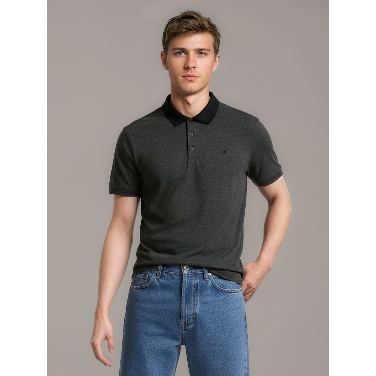 CALVIN KLEIN - Polo Jacquard con Micro Logo Gris Calvin Klein