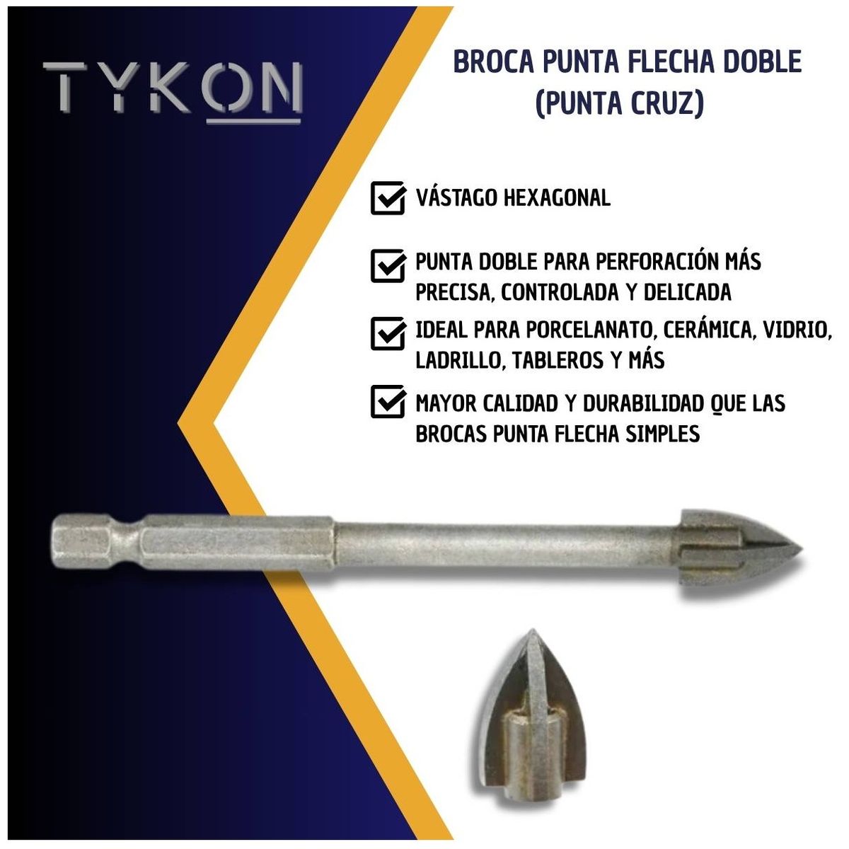 TYKON - Broca Punta Flecha Doble Porcelanato Ceramica Vidrio de 8mm