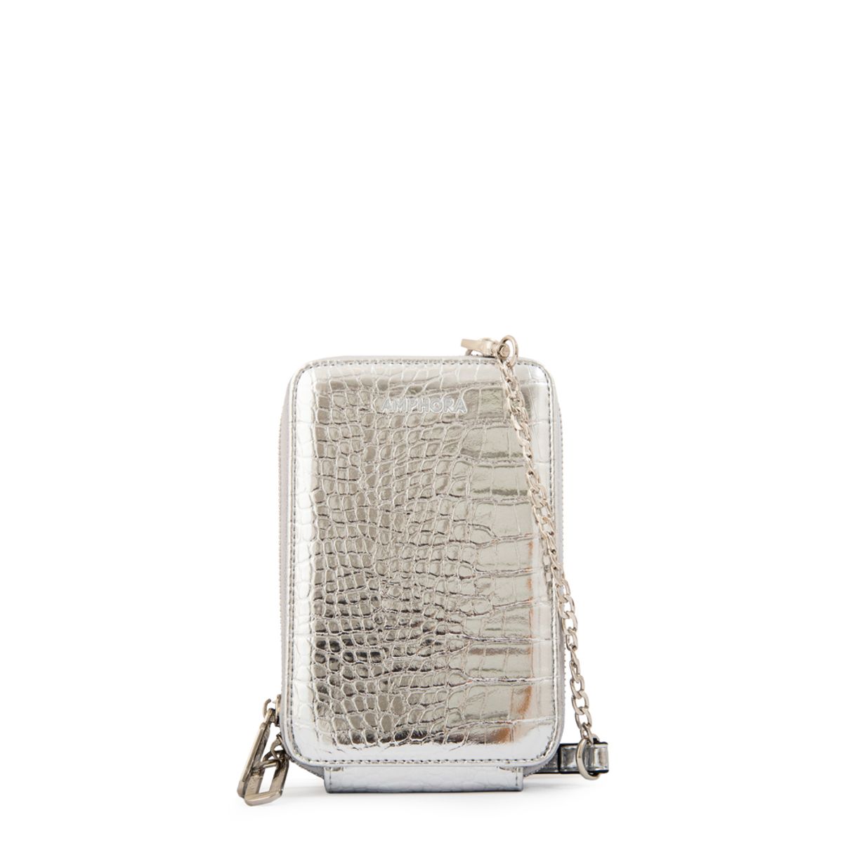 AMPHORA - Cartera bandolera porta celular boga pequeña plateado