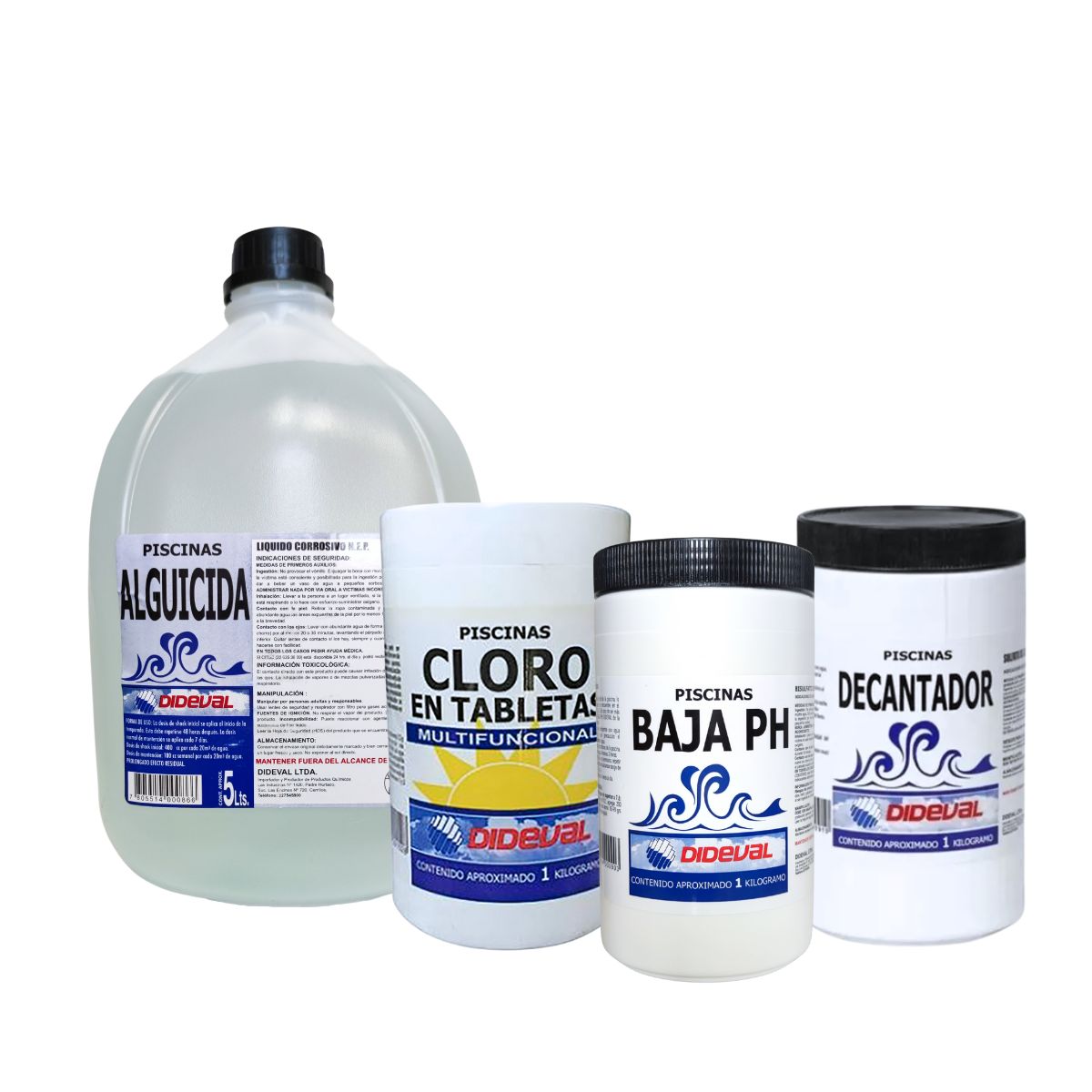 DIDEVAL - Kit Mantenimiento para Piscina Dideval Cloro Multifuncion + Decantador + Baja pH + Alguicida